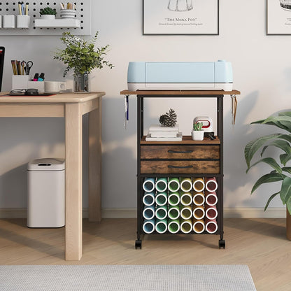 VENNQD Organizer and Storage Stand Compatible with Cricut Machines,Rolling Storage Cart/Shelf with 24 Vinyl Roll Holders，2 Fabric Drawer,Accessories Holder,Tool Hook for Craft Room Home (white)