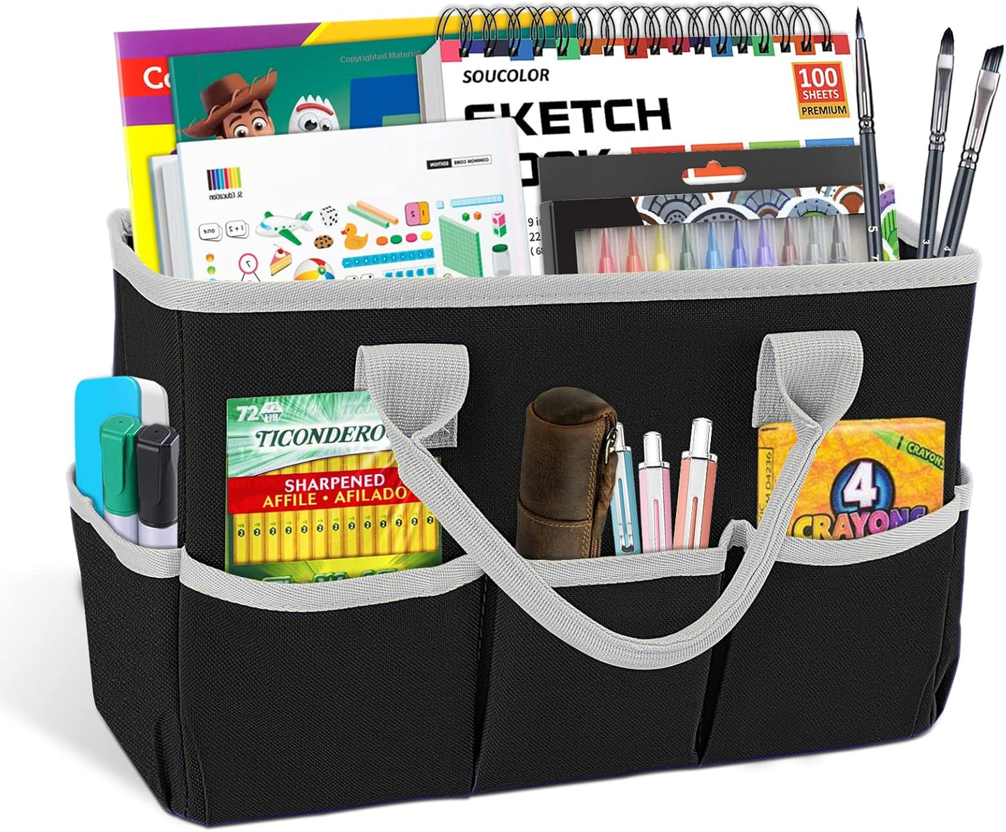 Desktop Tote and Stock Organizer, Teacher Helper Tote Bag Organization for Arts, Books, Stationery, Office Desk Organizer, Make-up Storage Tote with Handles for Travel, Black-Gray