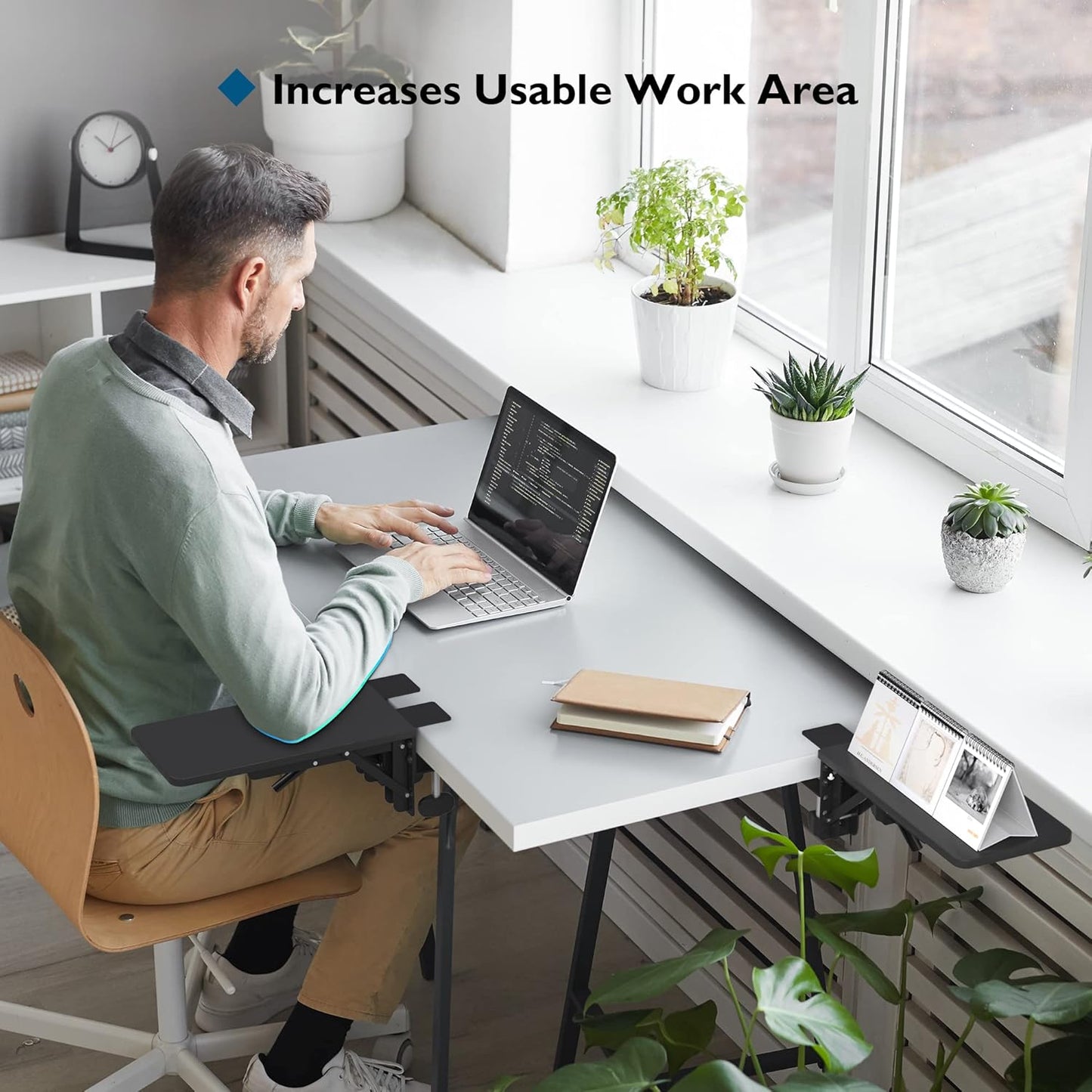 BONTEC Desk Extender Tray, 11.8"x5.9" Table Mount Arm Wrist Rest Shelf, 90°Foldable Elbow Support, Clamp on Computer Arm Rest for Desk, Office & Home Use, Durable & Easy to Install, Black Carbon Fiber