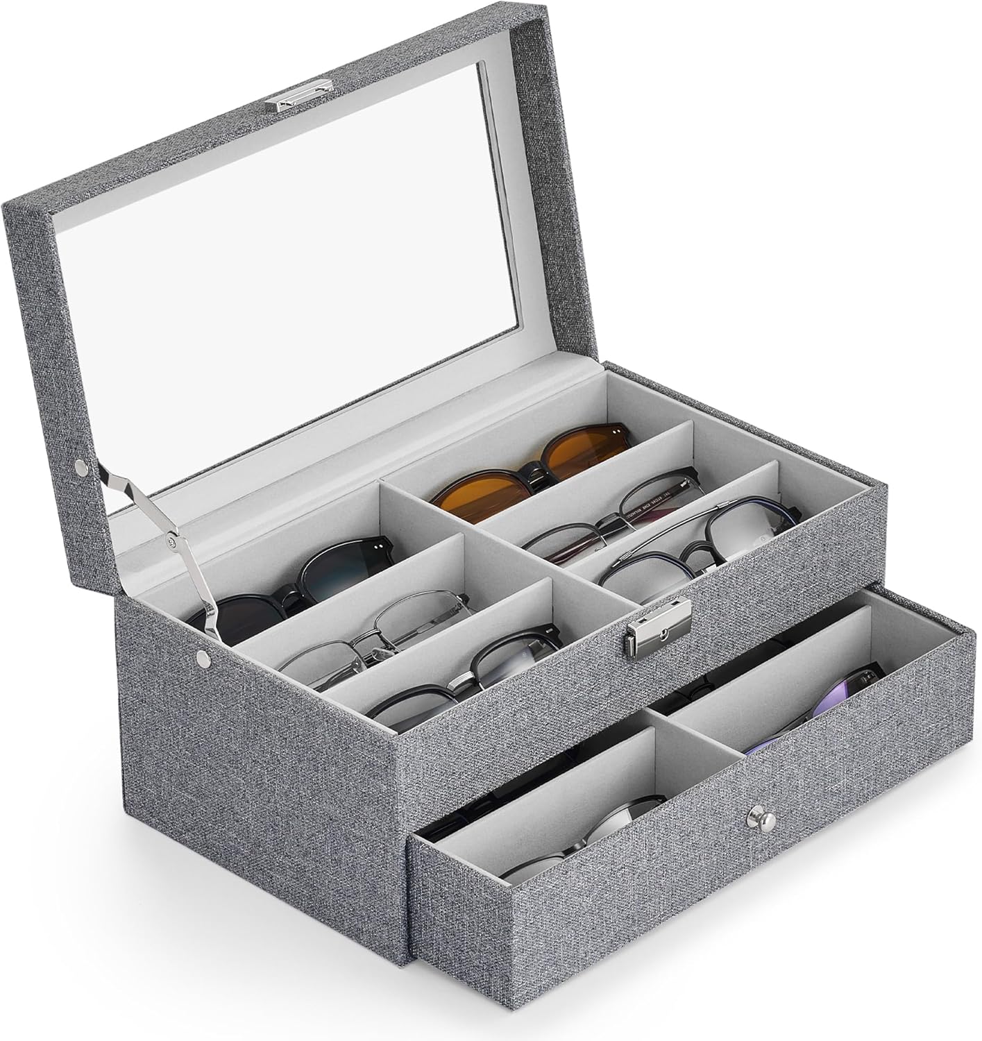 CO-Z Sunglasses Organizer with 12 Slots, Multiple Eyeglasses Eyewear Display Case for Women Men, 2 Story Leather Multi Sunglasses Jewelry Collection Holder with Drawer