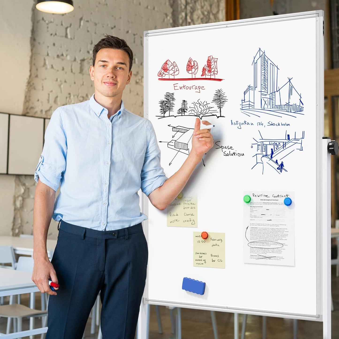 Large Whiteboard Easel with Stand, 36" x 24" Portable Standing Magnetic Dry Erase White Board, 3' x 2' Tripod Height Adjustable Flip Chart Easel for Home Office Classroom School, Silver