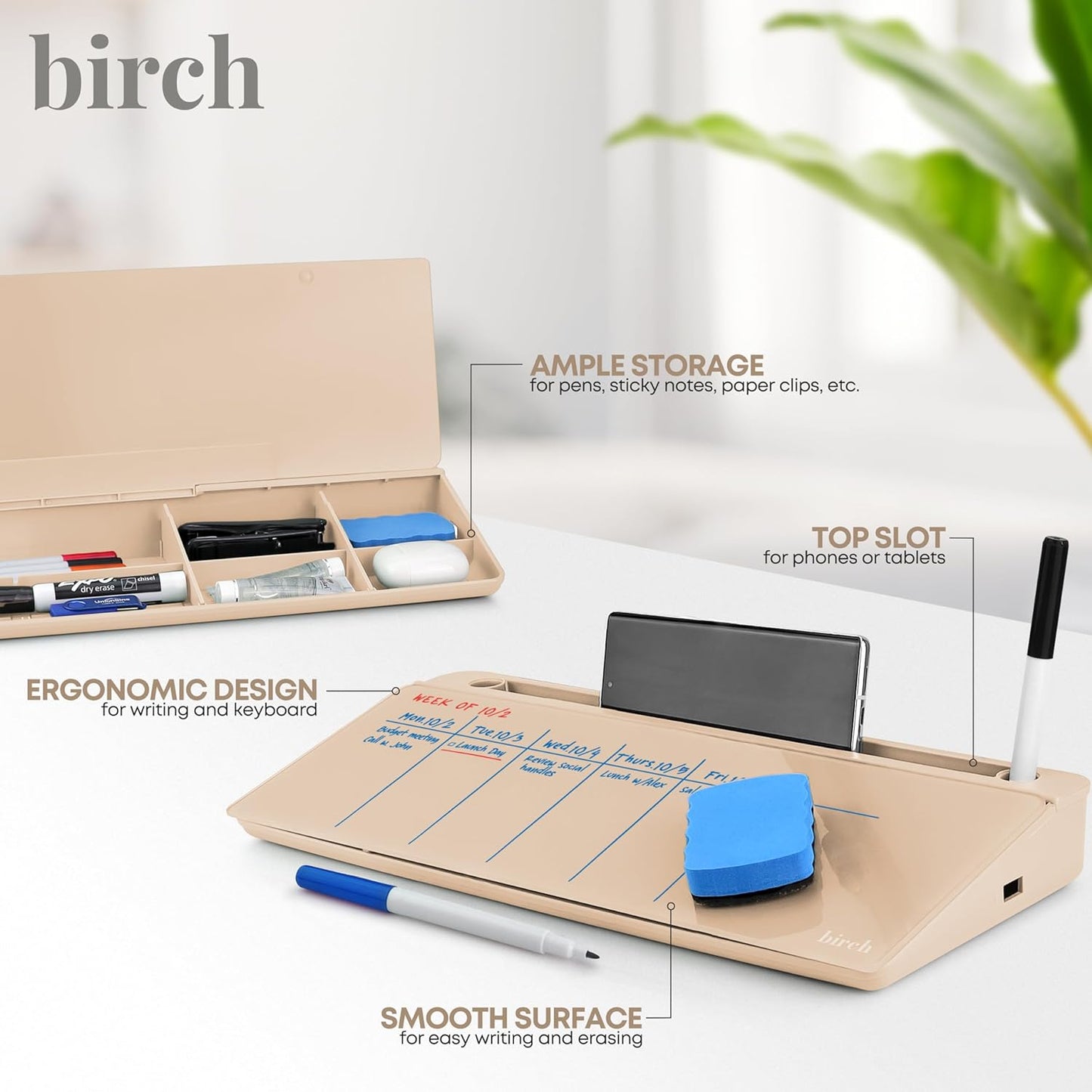 Birch Small Desktop Glass Whiteboard & Magnetic Calendar – Dry Erase Desk Pad Keyboard Stand with Storage, Adjustable Dividers, 3 Markers & Eraser – Office, Home & School (Moss)