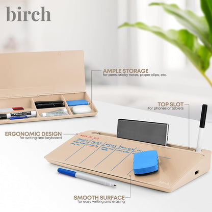 Birch Small Desktop Glass Whiteboard & Magnetic Calendar – Dry Erase Desk Pad Keyboard Stand with Storage, Adjustable Dividers, 3 Markers & Eraser – Office, Home & School (Moss)