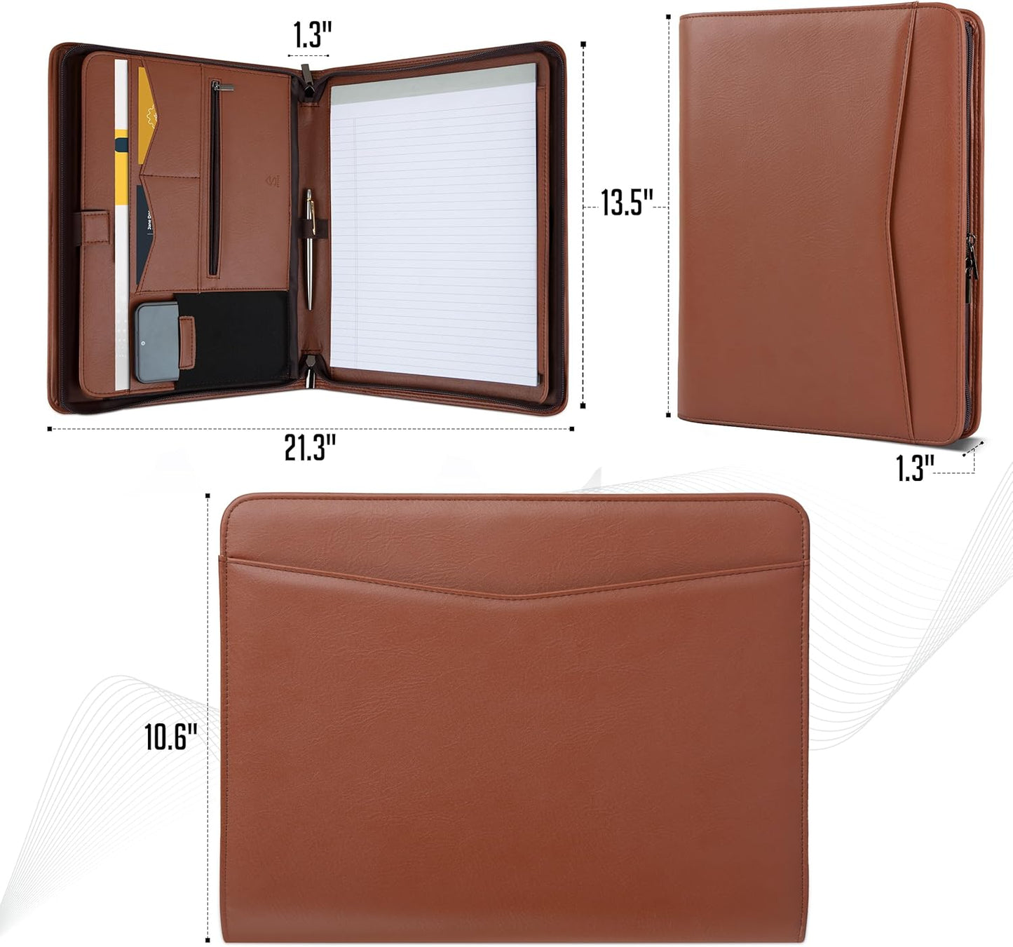 STYLIO Zipper Padfolio Portfolio Binder Organizer | Faux Leather Portfolio for Resume, Documents, Phone, Tablet, Business Supplies and Cards | Notebook Organizer with Letter Sized Notepad Included