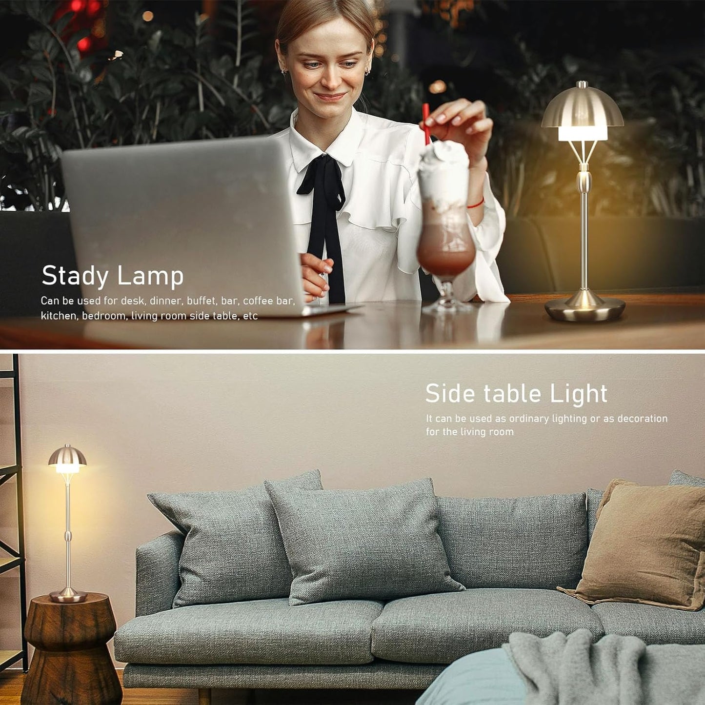Modern Table Lamp Cordless Portable Desk Lamp, 2700K Stepless Dimming Rechargeable Battery Operated LED Lights for Bedroom, USB-C Charging, Restaurant/Bar/Night Light/Gifts (Antique Brass)