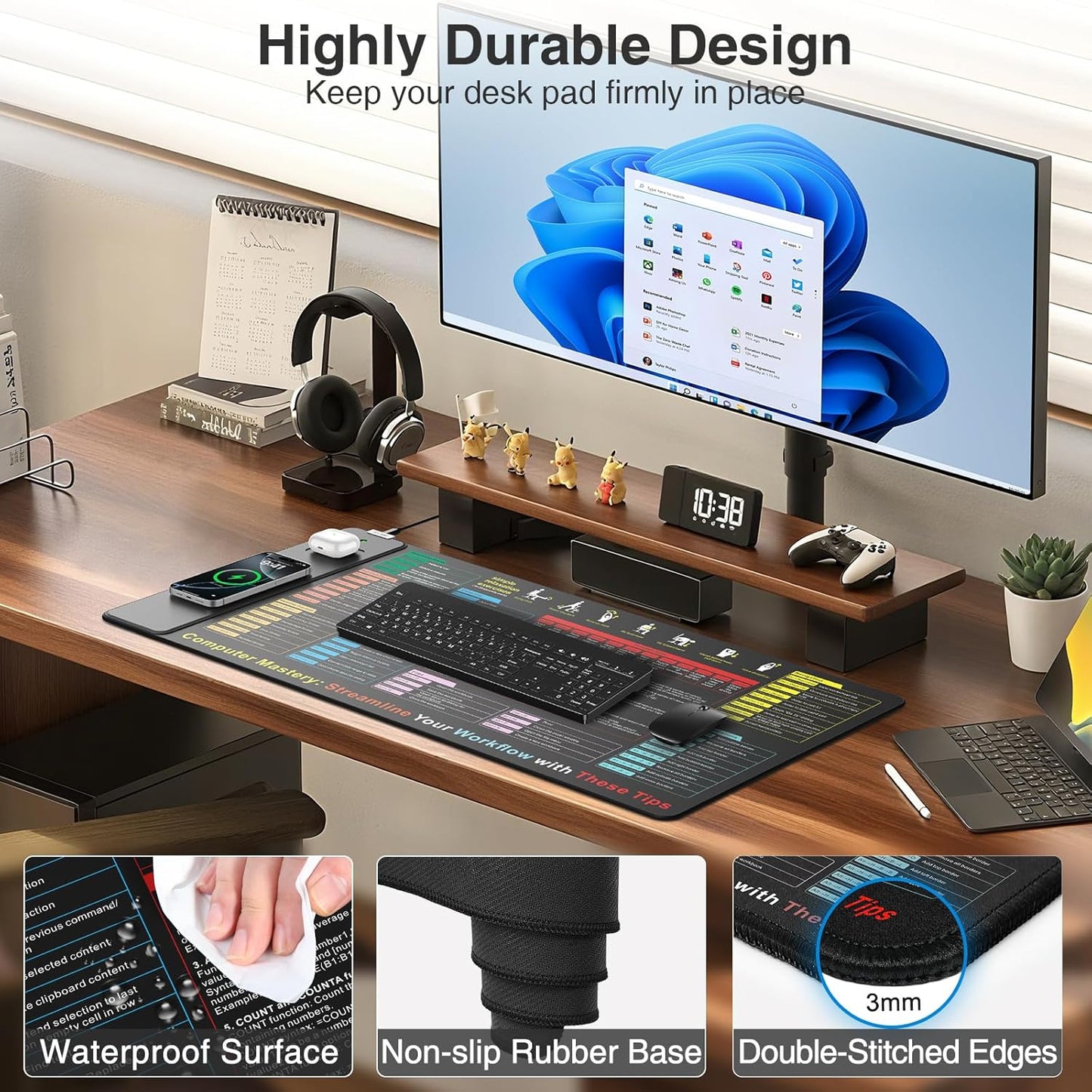 Wireless Charging Mouse Pad with Foldable Phone Holder, 31.5"x15.8" Large Desk Mat for Laptop/Keyboard, Waterproof Ultra-Smooth Surface, Non-Slip Base, Black