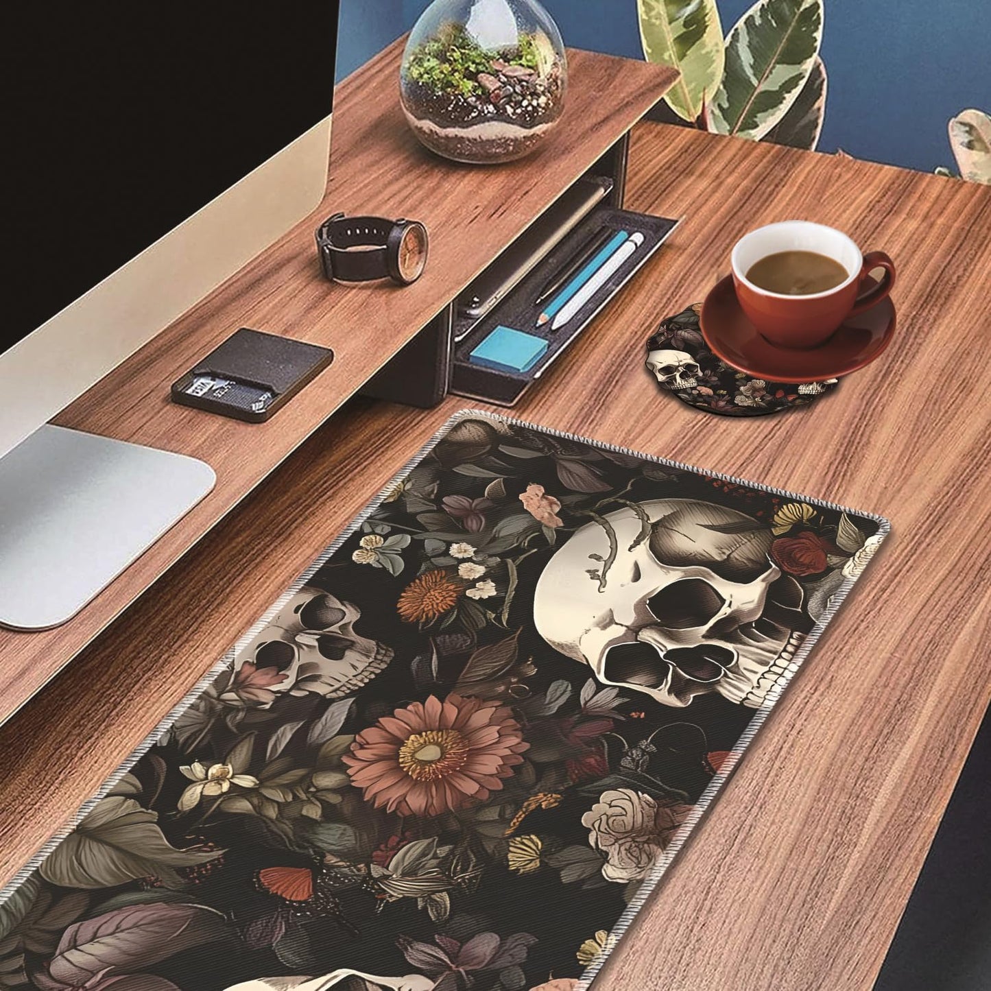 Mouse Wrist Rest and Keyboard Wrist Rest Pad Set, Non-Slip Rubber Base Smooth Surface Ergonomic Gaming Mouse Pad for Easy Typing and Pain Relief, Antique Blue Wood Grain Dog Paw + Coaster