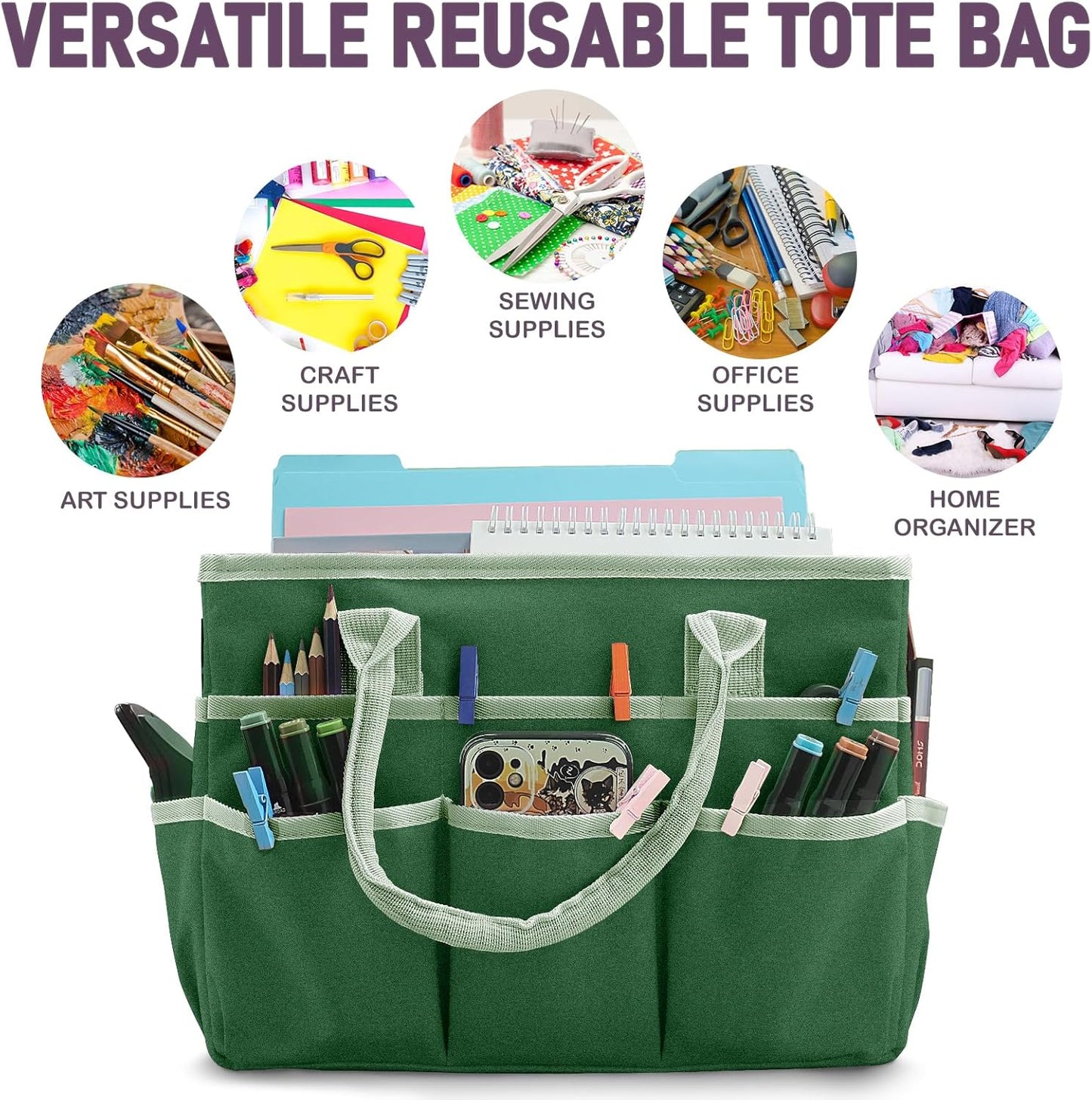 Cupohus Art Organizer Craft Storage Tote Bag with Pockets and Handles, Oxford Fabric Carrying Caddy for Teacher, Officer, Artist, Traveler –Purple