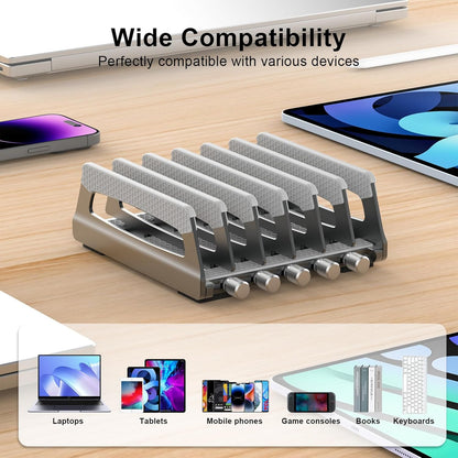 Elestoria 10-Slot Vertical Laptop Stand & Holder – Adjustable Aluminum Laptop Stand Vertical for Desk Fits 10 Devices, MacBook & Gaming Laptops (Up to 17.3”) – Space Saving Laptop Storage Rack - Grey