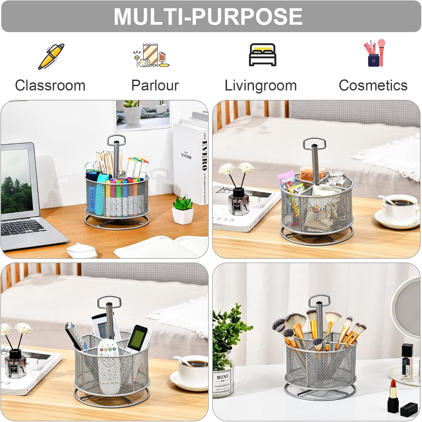 Marbrasse Mesh Desk Organizer, 360-Degree Rotating Multi-Functional Pen Holder, 4 Compartments Desktop Stationary Organizer, Home Office Art Supply Storage Box Caddy (Black)