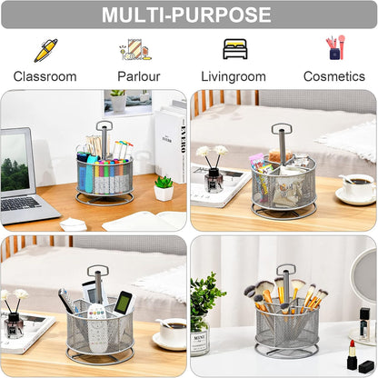 Marbrasse Mesh Desk Organizer, 360-Degree Rotating Multi-Functional Pen Holder, 4 Compartments Desktop Stationary Organizer, Home Office Art Supply Storage Box Caddy (Black)