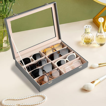 Frebeauty Sunglass Organizer,PU Leather Glasses Organizer,8-Slot Sunglasses Tray,Men's/Women's Sunglasses Box,Sunglass Case,13.3 x 9.6 x 1.5 Inches,Eyeglass/Eyewear Display Tray(Grey)