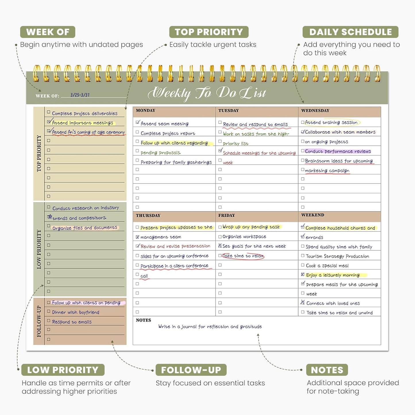 Weekly To Do List Notepad with 52 Undated Sheets（8.5"×11"）- Undated Weekly Planner Notepad for Office Desk Accessories and Supplies - Midnight Lilac