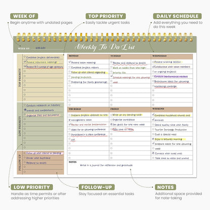 Weekly To Do List Notepad with 52 Undated Sheets（8.5"×11"）- Undated Weekly Planner Notepad for Office Desk Accessories and Supplies - Midnight Lilac