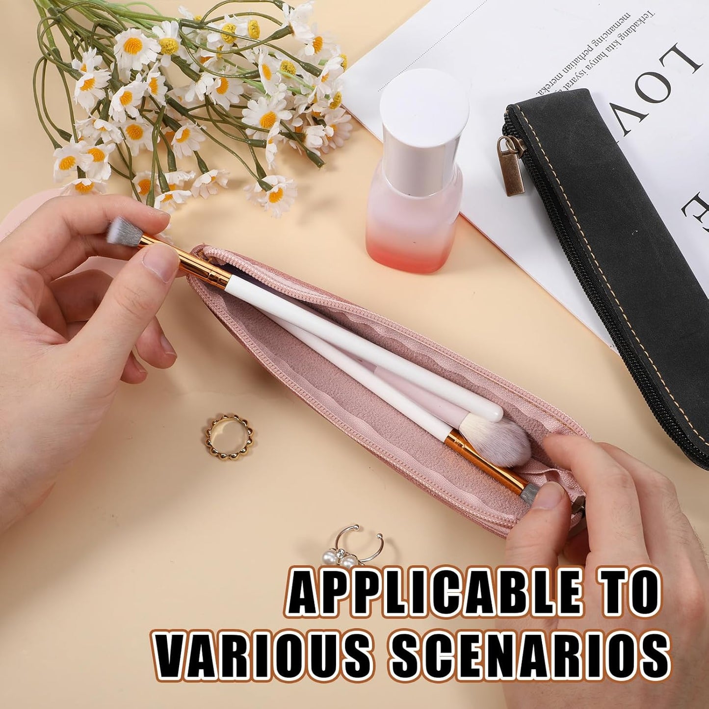 Psyqtsuary Leather Pencil Case, 2 Pcs Slim Small Pencil Pouch Portable Flat Pen Pouch with Zipper Simple Makeup Bag Lipstick Case for Women Men Home, Office, Travel Outdoor (Black, Claret)