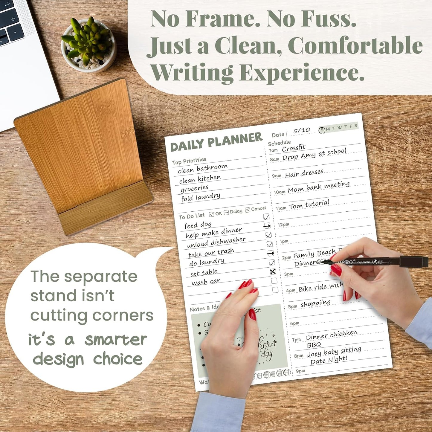 JJPRO Reusable Desktop Daily Planner with Stand,Reusable Time Schedule Board,11"x8.5" Hourly Schedule Dry Erase Board with Time Slots,Desk Hourly Dry Erase Board w/Engineered Wood Stand-Sage Green