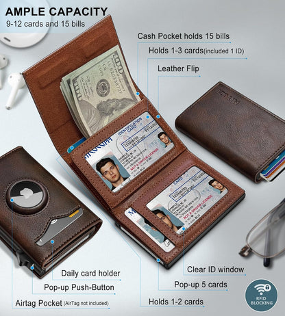 miyozi Airtag Wallet for Men,with Cash Pocket 2 ID Window 9-12 Cards,Metal Case Smart Slim Pop Up Credit Card Holder Flip with Magnetic Closure RFID Blocking Trifold wallet with Gift Box