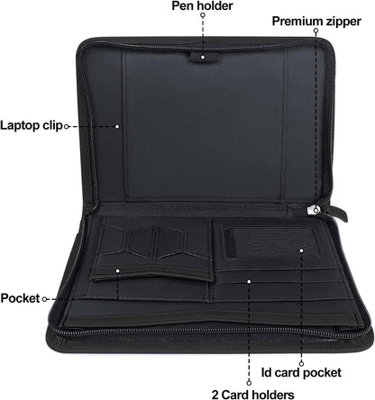 Mini Leather Zippered Padfolio Portfolio Binder 5 x 8 Legal Writing Pad, Professional Business Portfolio for Men & Women, Card Holder, Notepad Clipboard Holder (Black)
