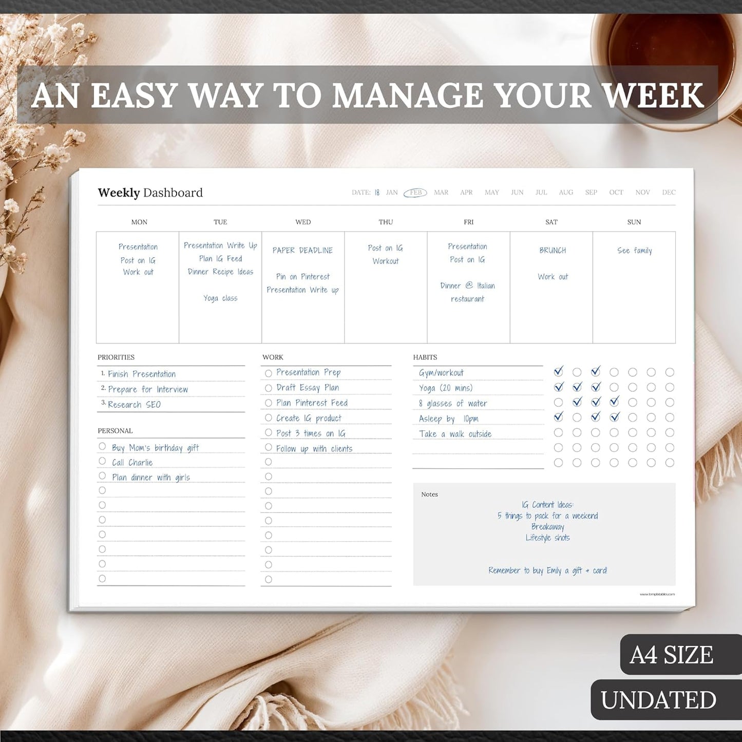 Weekly Dashboard To-Do List Notepad – Undated Weekly Planner with Habit Tracker & Notes – Minimalist A4 Layout for Productivity, Organization & Time Management (Mono)