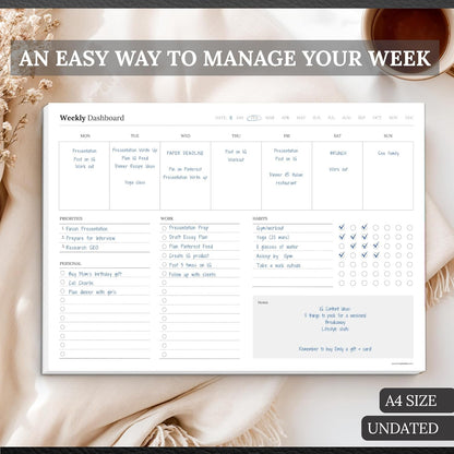 Weekly Dashboard To-Do List Notepad – Undated Weekly Planner with Habit Tracker & Notes – Minimalist A4 Layout for Productivity, Organization & Time Management (Mono)
