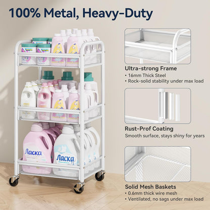 YASONIC 3 Tier Rolling Cart – Metal Utility Storage Carts with Wheels, Craft Carts Organizer with Hanging Cups, Hooks, Mesh Basket for Bedside Kitchen Office Art, Green