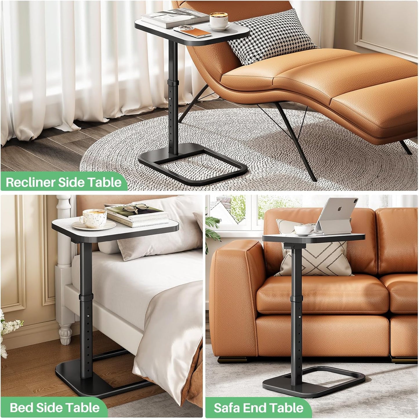 Kitstorack TV Tray Table, Adjustable Height & Flip-Top & Rounded Metal Corners, Snack Table for Couch, Sofa, Bed, Chair, Living Room, C Shaped End Side Table for Eating, Dinner or Laptop, Small Spaces