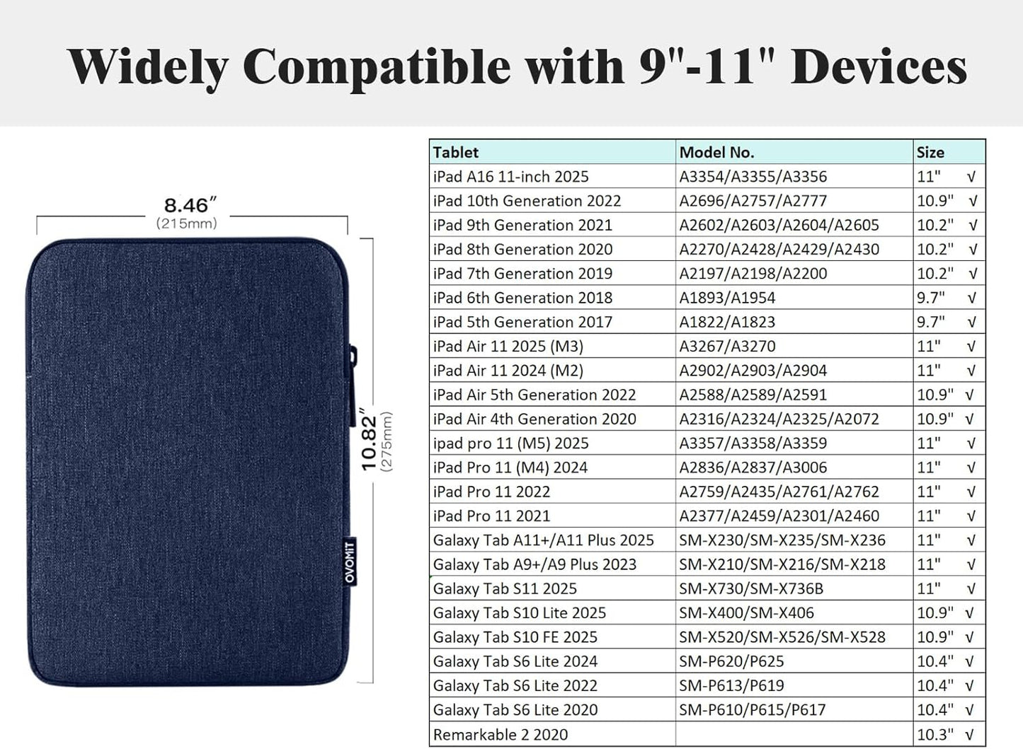TiMOVO 9-11" Tablet Sleeve Bag for iPad 11-inch A16 2025, iPad 10.9"/10.2"| Air 11 Inch/5th/4th Gen. 10.9", Galaxy Tab A9+/A11Plus 11", Protective Bag Fit Smart Keyboard, Dusty Blue