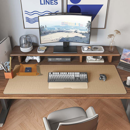 DAWNTREES Dual Sided Desk Mat,Leather Desk Pad,Brown 40"x16",Cork Desk Mat Protector,with PU Leather Valet Tray Organizer,Large Mouse Pad,Desk Writing Pad for Office and Home