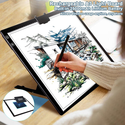 YINGWOND Rechargeable A4 LED Light Pad with Padded Case, Tracing Light Box w/Riser Stands and Paper Clip, 6 Levels of Brightness, Type-c Cable, Wireless Diamond Painting Light Board
