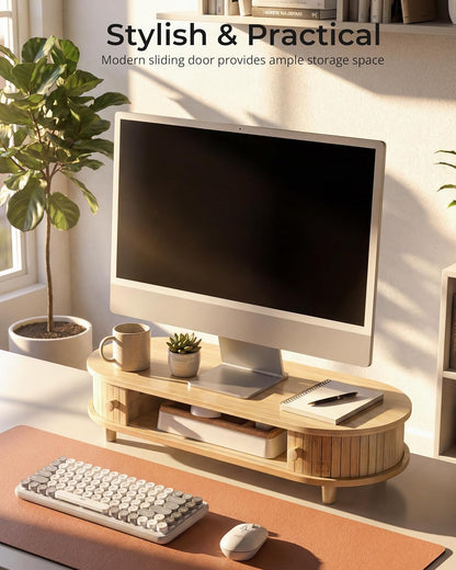 Bamboo Monitor Stand with Storage, Curved Computer Laptop Stand Desk Shelf Organizer with Sliding Doors (25 inch)