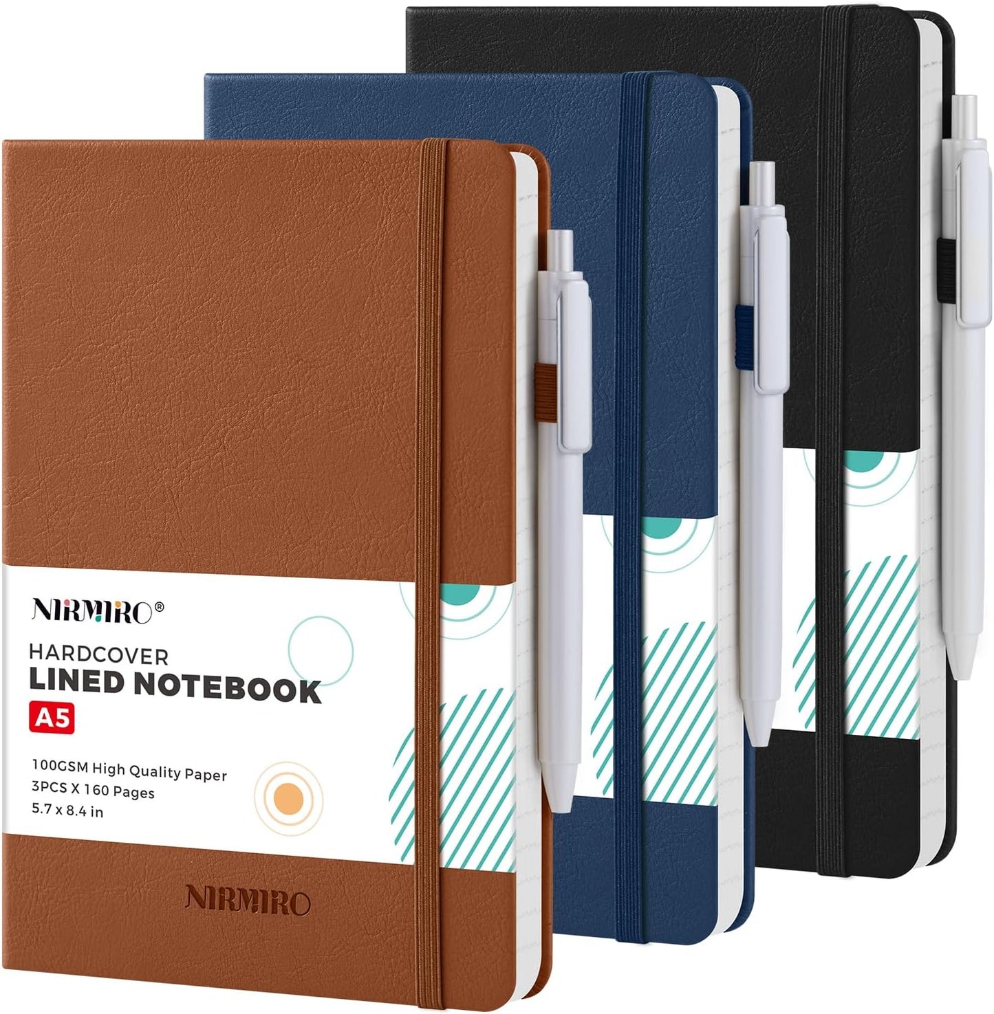 NIRMIRO 3 Pack Pocket Notebook Journals, Small Notepad Notebooks for Note Taking, A6 Mini Note pads with Pen Holder, 408 Lined Pages, 3.7" x 5.7", Black, Brown, Blue