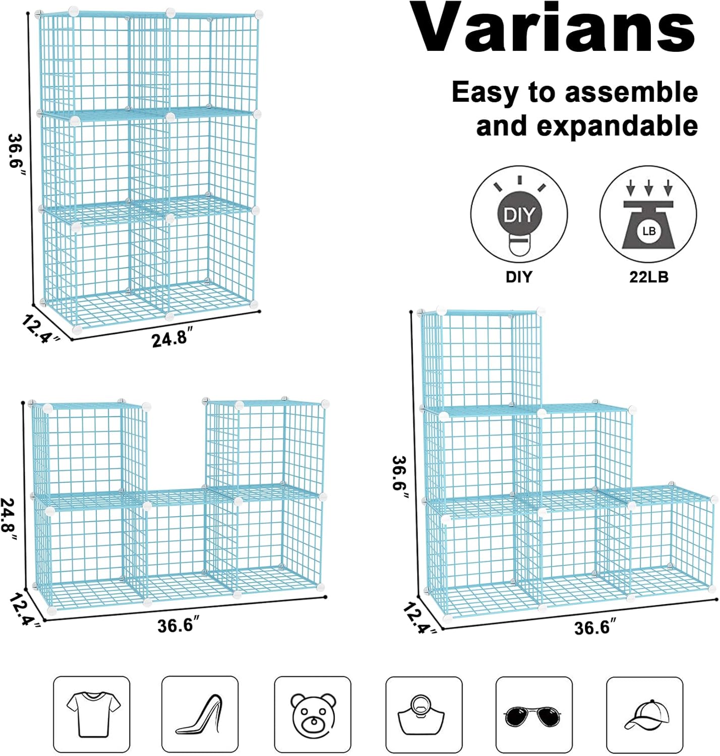 C&AHOME Wire Cube Storage, 6 - Cube Organizer Metal C Grids, Modular Shelves Units, Storage Bins Shelving, Closet Organizer, Ideal for Home, Office, Living Room, 36.6”L x 12.4”W x 36.6”H Black