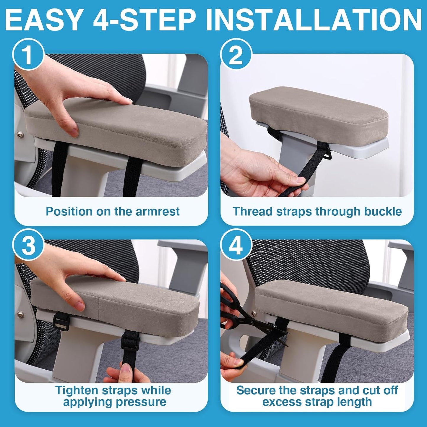 Smiry Ergonomic Office Chair Armrest Pads, Memory Foam Arm Rest Covers, Non-Slip Armrest Cushion with Adjustable Buckles and Straps, Elbow Relief for Desk, Gaming & Wheelchair (Black, Set of 2)