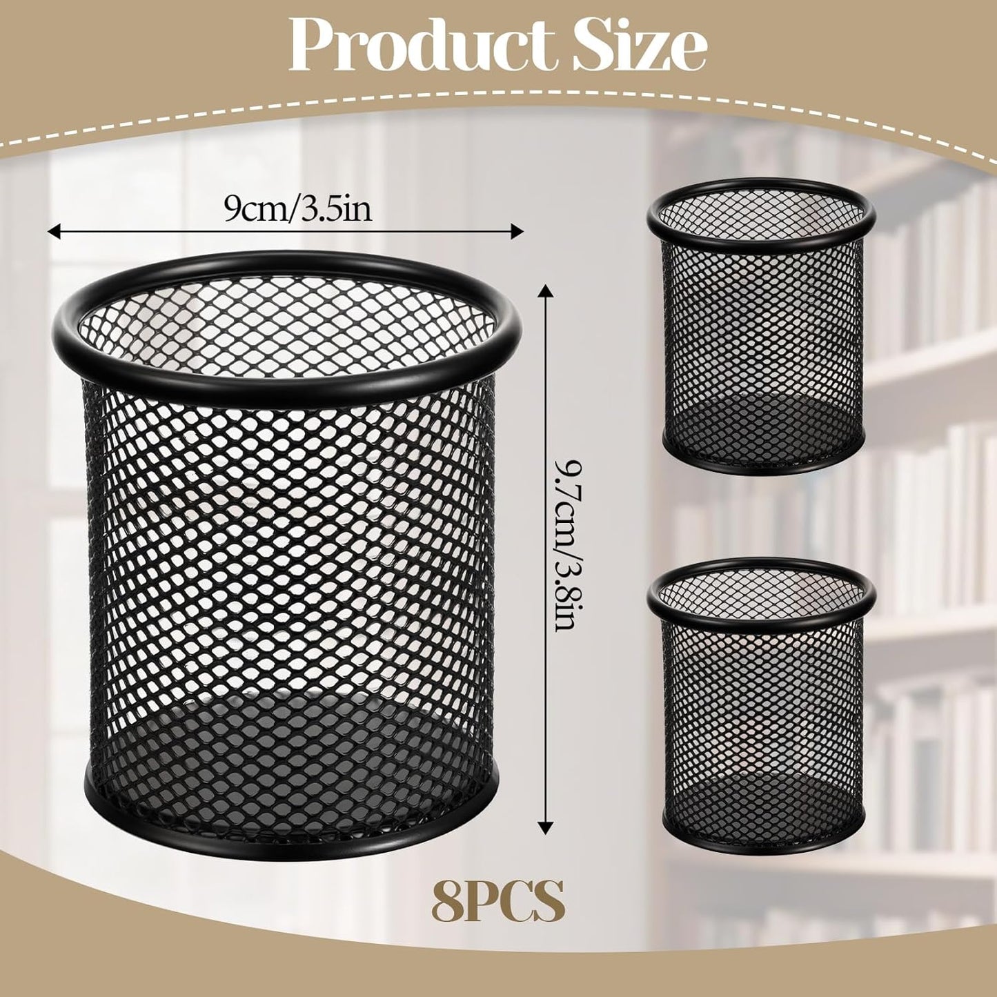 8 Pack Pencil Cups Mesh Pencil Holder Metal Pen Holder for Desk, Small Desktop Pen Cup Holders Desk Accessories & Workspace Organizers for Home, Office, Black 3.8’’ Tall