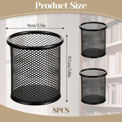 8 Pack Pencil Cups Mesh Pencil Holder Metal Pen Holder for Desk, Small Desktop Pen Cup Holders Desk Accessories & Workspace Organizers for Home, Office, Black 3.8’’ Tall