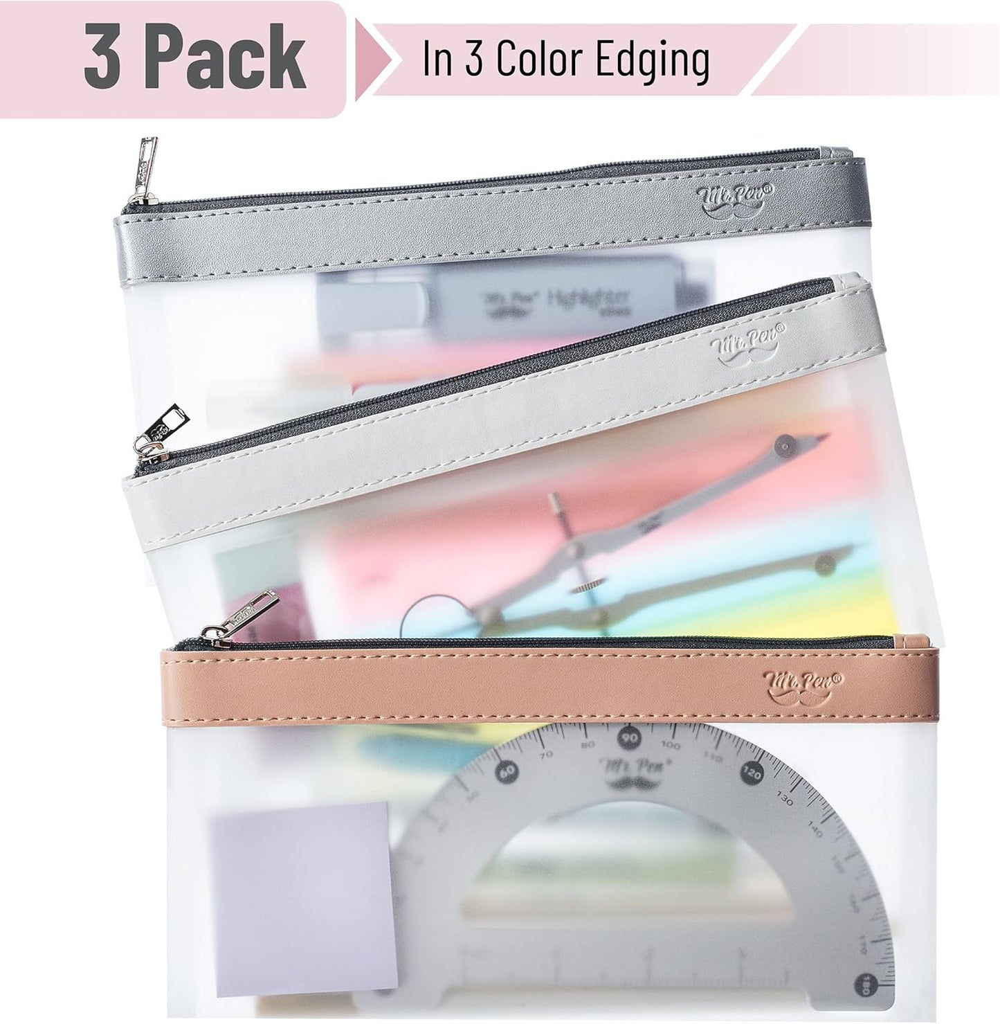 Mr. Pen- Clear Pencil Pouch, 8.50"x4.25", 3 Pack, Durable TPU Material, Medium Water-Resistant Pencil Bags with Smooth Zipper, Multipurpose Clear Pouch for Stationery, School, Office, Travel Supplies