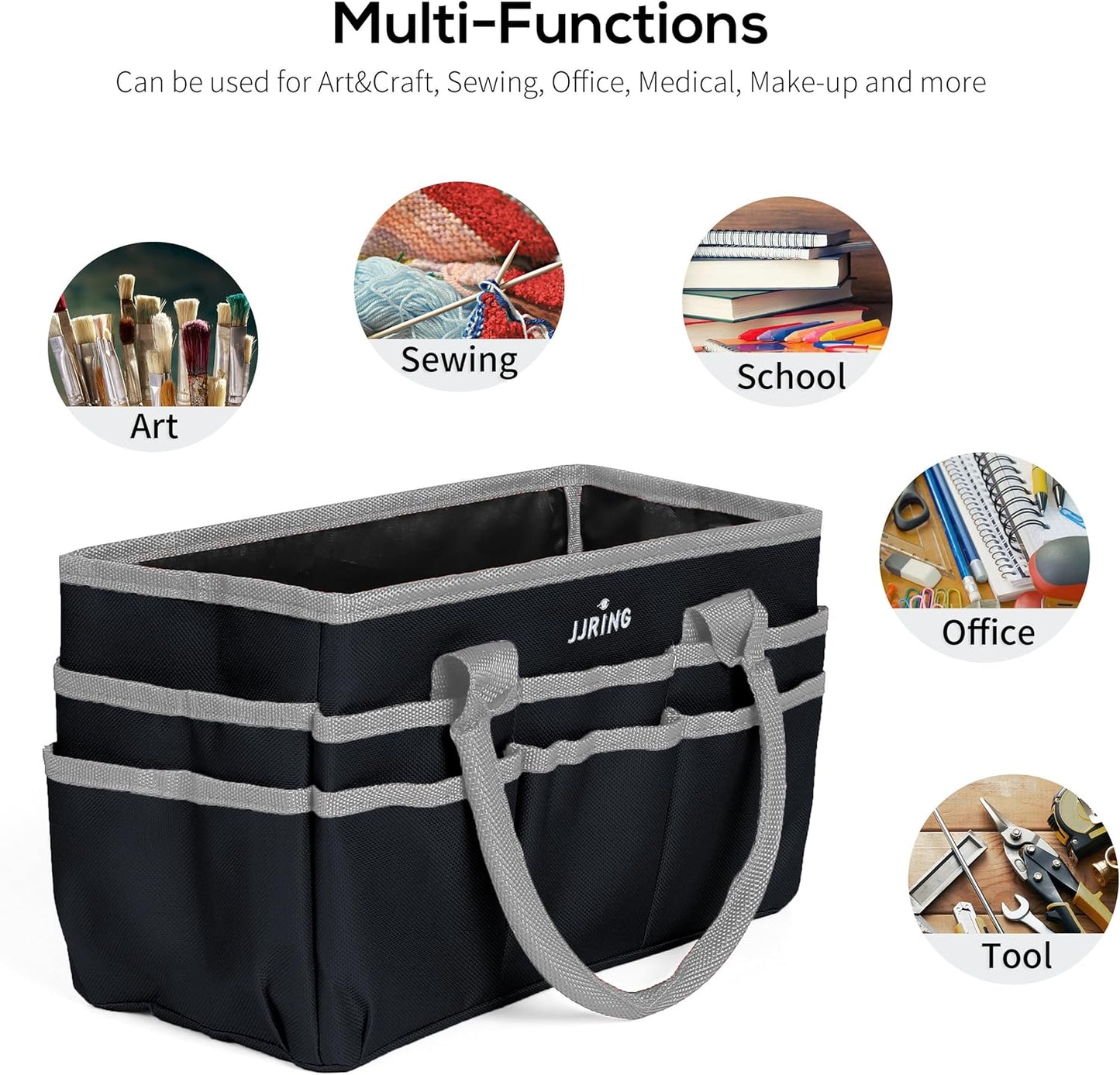 Jjring Craft and Art Organizer Tote Bag - 600D Silver Nylon Fabric Art Caddy with Pockets - for Art, Craft, Sewing, Medical, and Office Supplies Storage