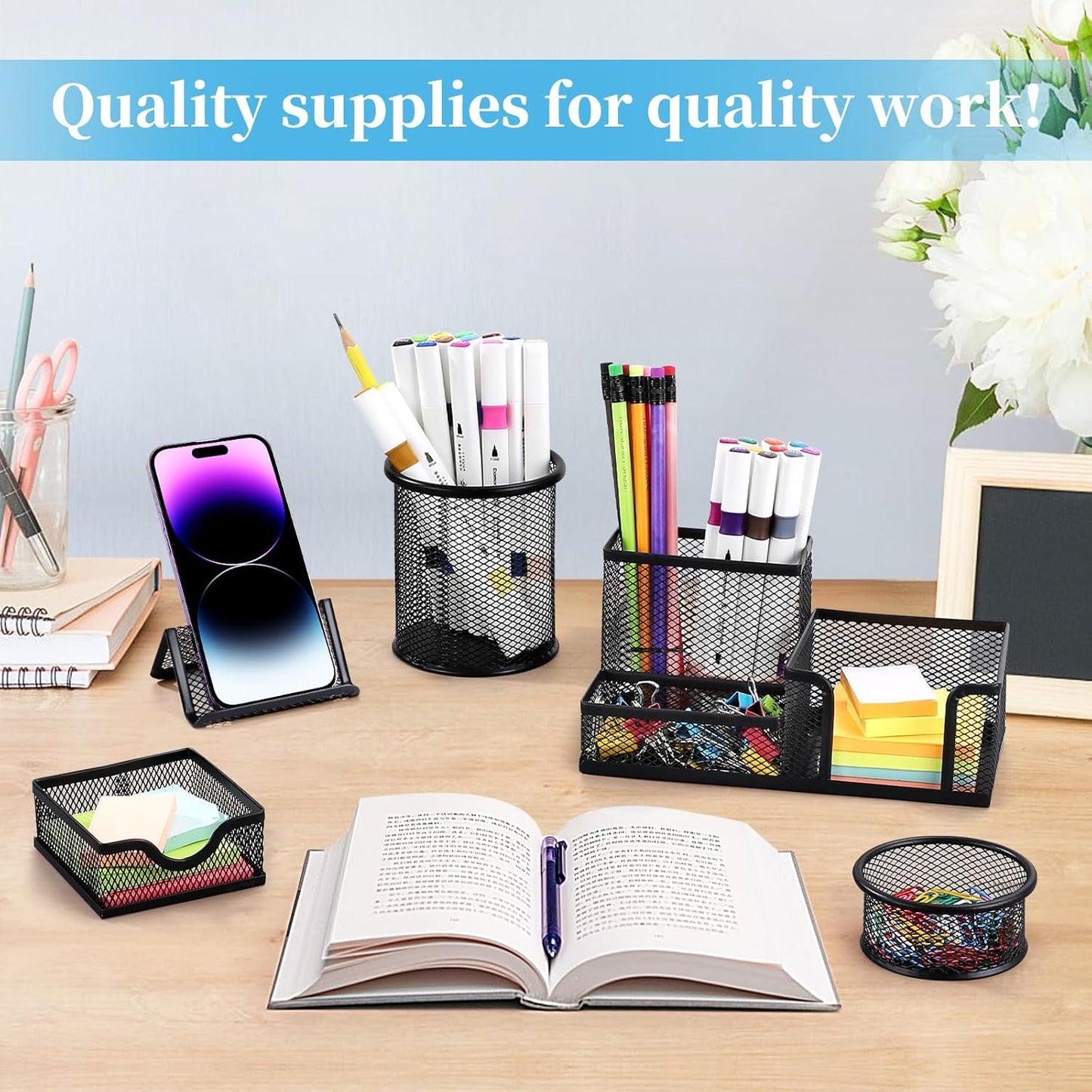 2-Piece Desk Pen & Pencil Organizer - Mesh Metal Pen Cup with Sticky Notes Holder, Black | Pen Cup