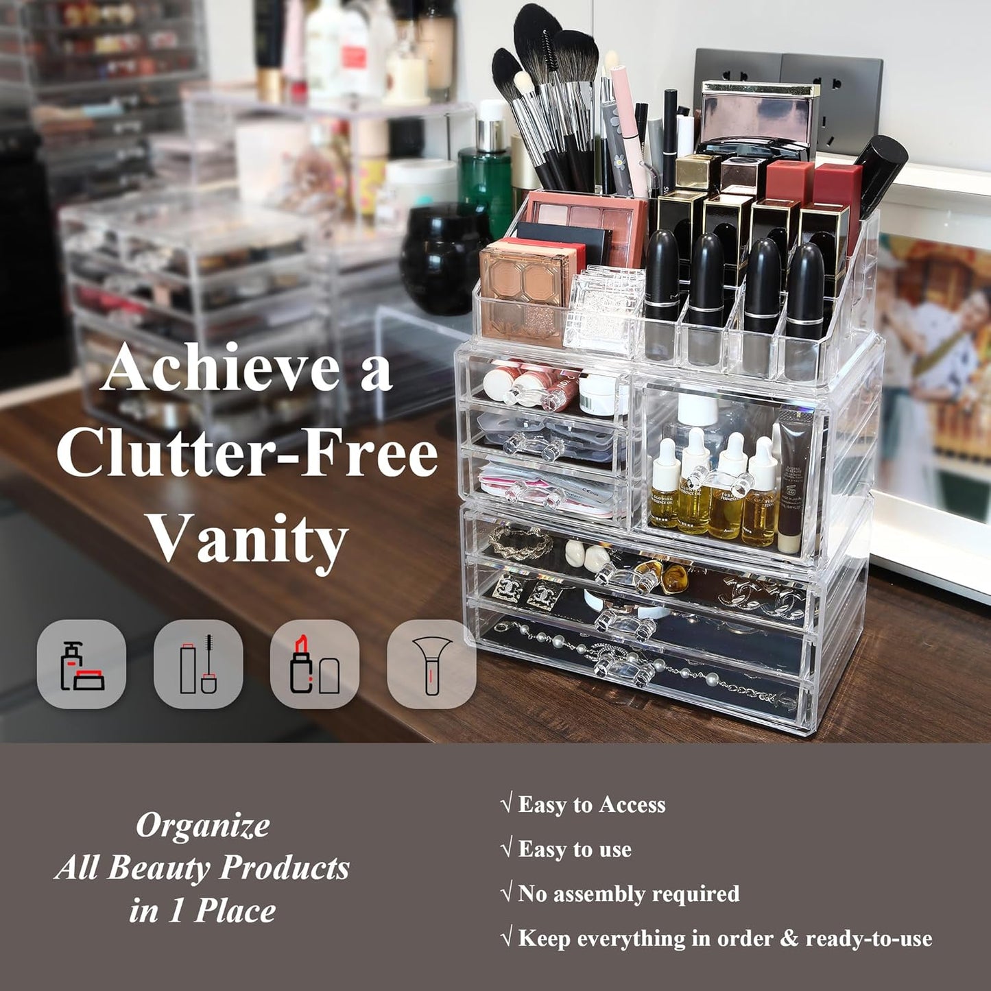 Sea Team Clear Makeup Organizer with Drawers, Acrylic Plastic Cosmetic Display Case, Jewelry Storage Box, Holder for Dresser, Bathroom, Vanity, Countertop (3 Middle Drawers)