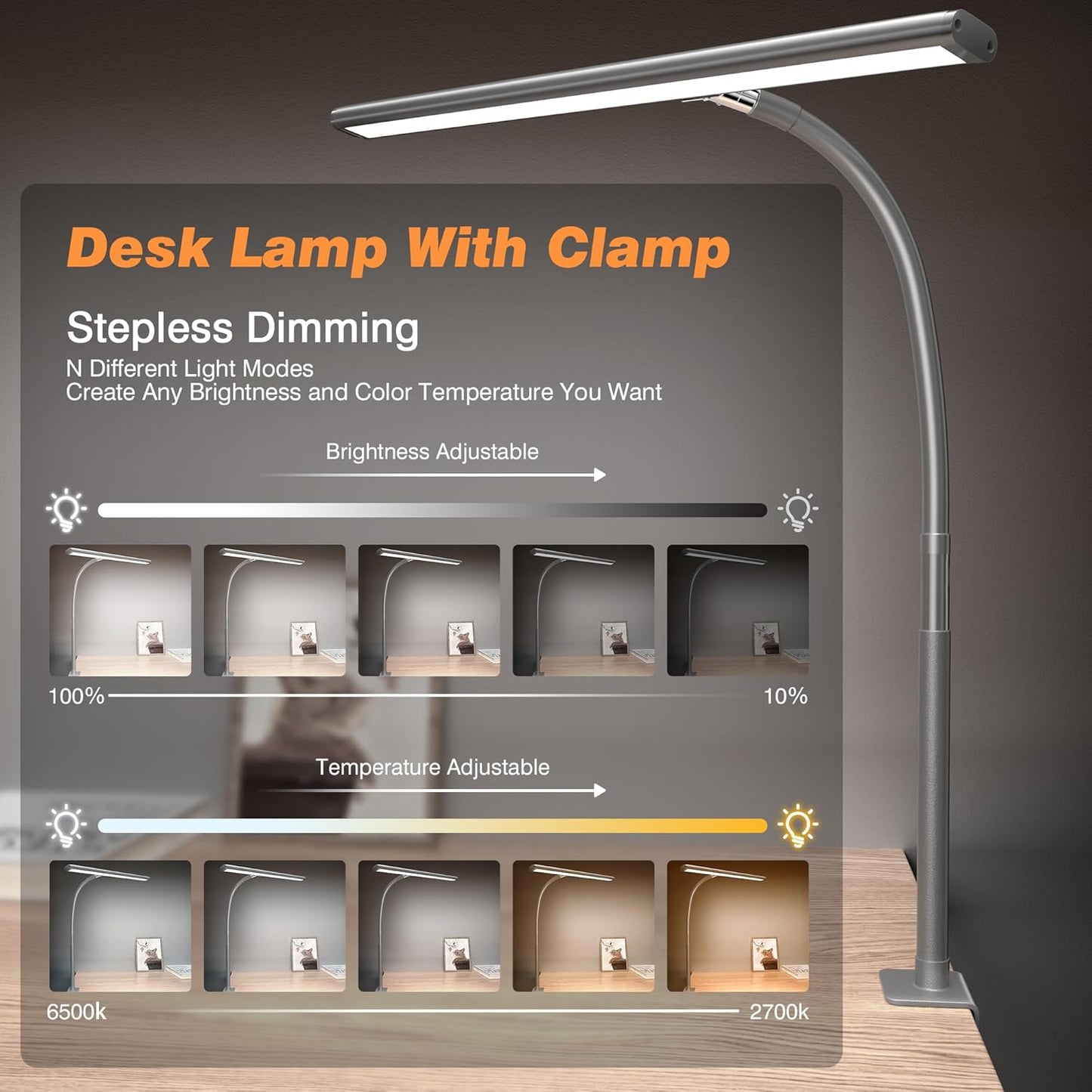 Airlonv LED Desk Lamp for Office Home, Eye-Caring Desk Light with Stepless Dimming Adjustable Flexible Gooseneck, 10W USB Adapter Desk Lamp with Clamp for Reading, Study, Workbench (Black)