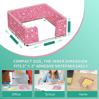 Sticky Note Holder, Glitter Pink Acrylic Notepad Holder 3x3 in Self-Stick Note Dispenser Office Desk Accessories, Memo Pad Holder Organizer for Classroom School Supplies