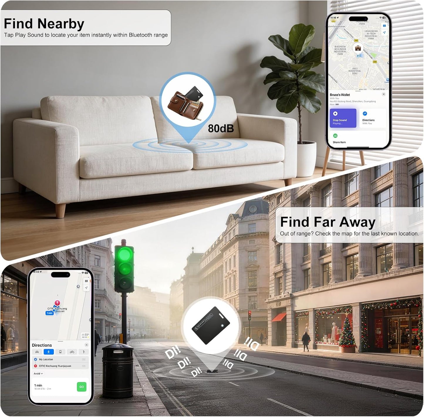 2 Pack Ultra Slim Rechargeable Wallet Tracker Card, IP67 Waterproof Bluetooth Tracking Card Compatible with Apple Find My & Android, Item Locator for Wallet Luggage Backpack