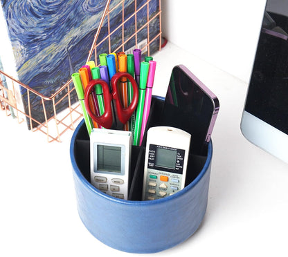 Round Leather Art Supply Organizer,Remote Control Holder,360 Degree Rotating,Multi-Functional Pencil Holder,4 Compartments Desktop Stationary Organizer(1-Fractal Flower) | Round - Colors B