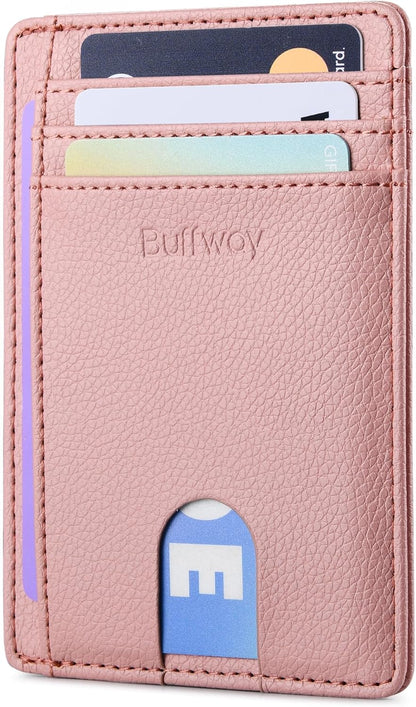 Buffway Slim Minimalist Front Pocket RFID Blocking Leather Wallets for Men and Women - Carbon Fiber Black - Colors B