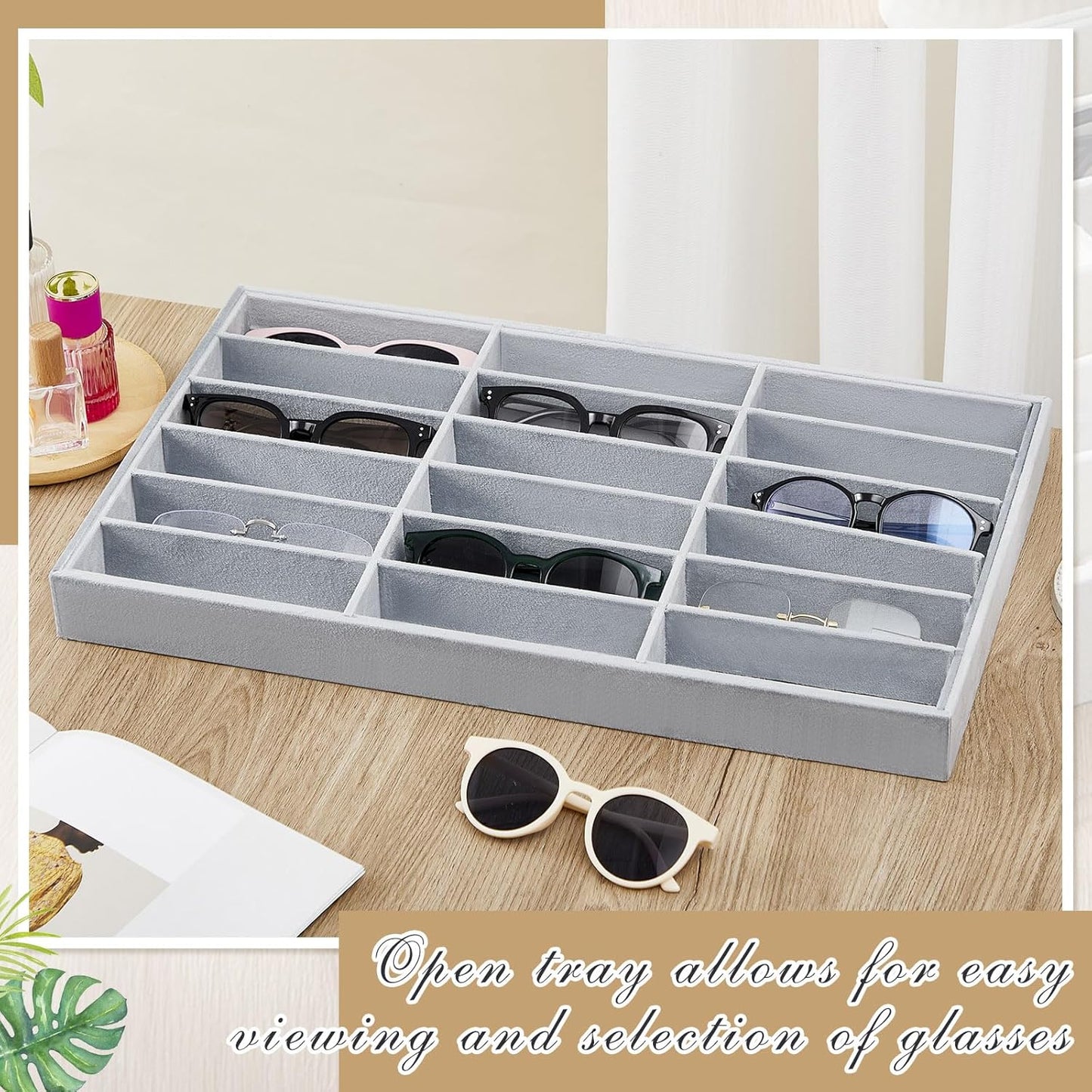 Amylove 2 Pcs Sunglass Organizer Trays Glasses Stackable Jewelry Trays Sunglass Organizer Display Box(8 Grids,Beige)