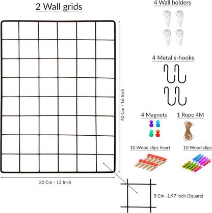 ODOXIA 2 Pack Wire Wall Grid Panel | Photos & Pictures Display Grid Wall Panels | Black, Magnetic & Metal Grid | Photo Grid Wire Board | Hanging Home, Office & Kitchen Decor