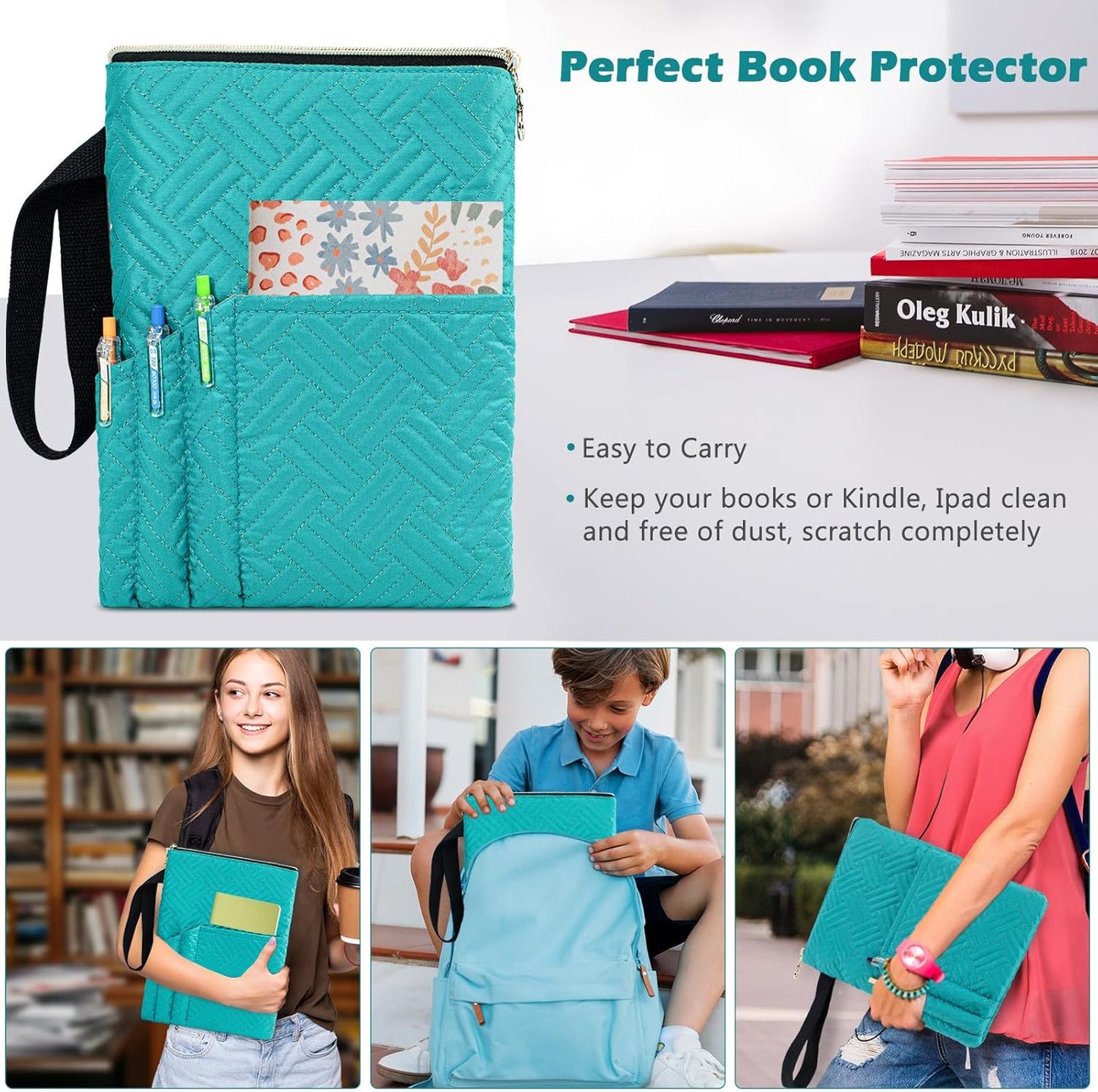 APLUFINE Book Sleeve with Zipper, 11"X9" Padded Book Protector, Washable Quilted Book Covers for Paperbacks, Book Pouch with Pockets for Book Lover Gifts