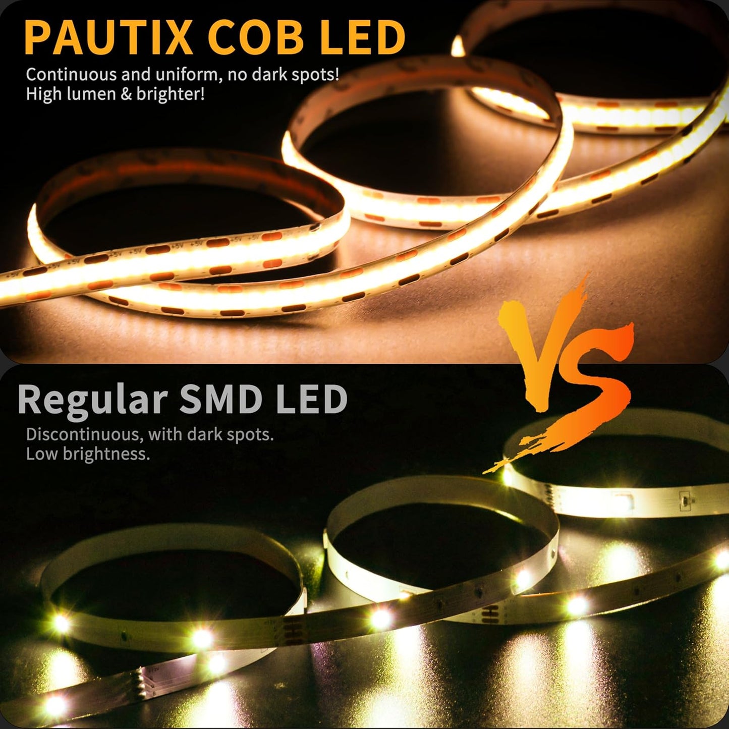 PAUTIX COB LED Strip Lights 5V USB Powered Dotless Super Bright Dimmable LED Lights 3000K Warm White 6.56ft TV Backlights,Flexible 3M Adhesive Under Cabinet Light for Bedroom,Kitchen,Shelf Lighting