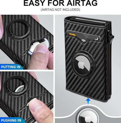 miyozi Airtag Wallet for Men,with Cash Pocket 2 ID Window 9-12 Cards,Metal Case Smart Slim Pop Up Credit Card Holder Flip with Magnetic Closure RFID Blocking Trifold wallet with Gift Box