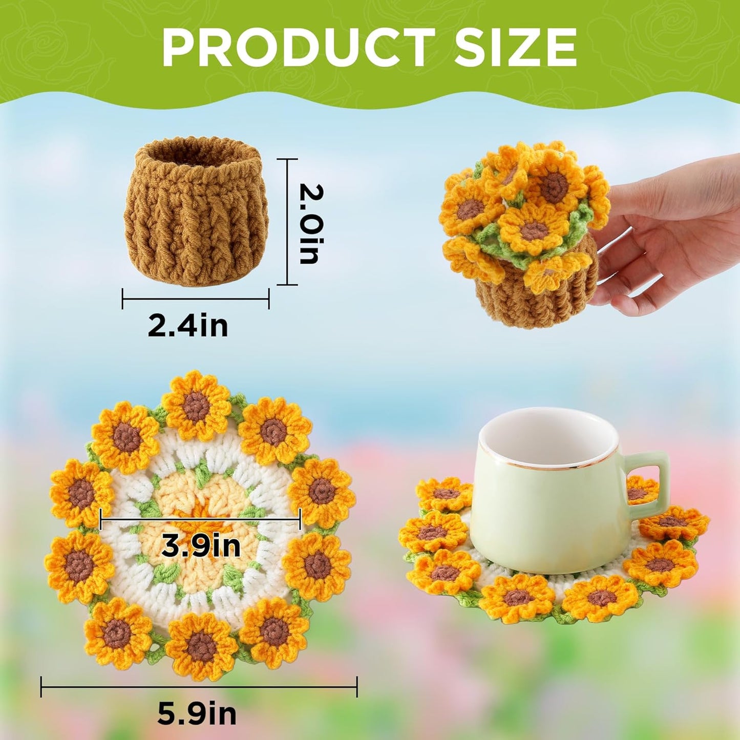 Flower Crochet Coasters, Handmade Bouquet Blanket Coaster with Crochet Plant Pot Fun Soft Decorative Drink Coasters for Coffee Tabletop Protection and Home Decor (Pink, 1Pc)